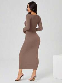 Vestido largo de manga larga con cuello cuadrado color negro sólido ajustado, vestido elegante de manga larga para mujer con cuello cuadrado, ajuste ceñido, manga recta, liso, para uso diario casual en primavera/otoño - Camel - Ver 2