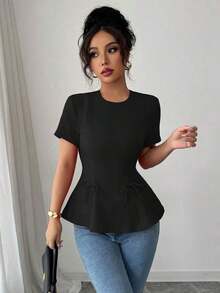 Blusa casual de primavera y verano, elegante, de estilo francés, de unicolor, con cuello redondo, corte evasé, manga corta, con cintura ceñida, detalle de lazo y cremallera posterior - Negro - Ver 6