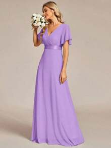 Vestido de dama de honor con cuello en V elegante, mangas con volantes y mariposa, color verde salvia, vestido de invitada de boda, vestido de primavera semi-formal para boda, fiesta de cumpleaños, graduación, Día de San Valentín - Lila Púrpura - Ver 4