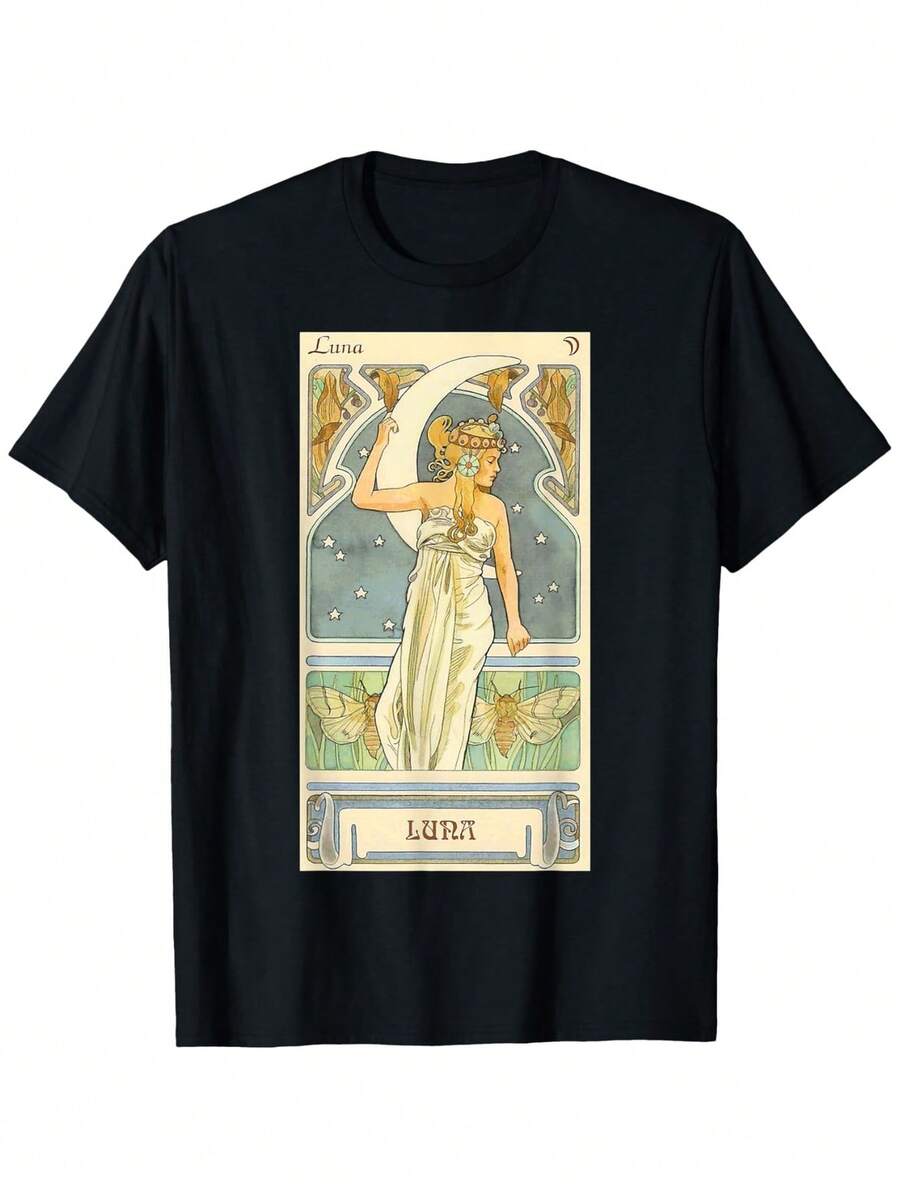 Vintage Art Nouveau Style T-Shirt "Goddess Of The Moon", 100% Cotton, Round Neck, Casual Loose Fit With Slogan Print, Knitted Holiday Top. - 黑色 - 查看 1