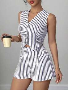 Conjunto de 2 piezas de chaleco y shorts casuales a rayas para mujer de verano - Blanco - Ver 4