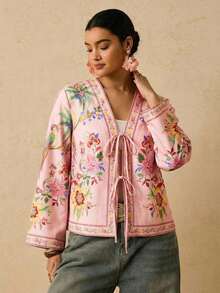 Camisa casual versátil de uso diario con estampado floral y nudo delantero para mujer de talla grande - Multicolor 7 - Ver 6