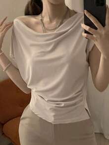 Camiseta de manga corta ajustada con cuello asimétrico y fruncido, de unicolor, para salir, para mujer de verano - Blanco 2 - Ver 9