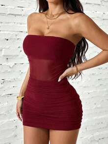 Vestido mini tubo negro sexy ajustado con pliegues y malla de unicolor para mujer - Burdeos - Ver 9