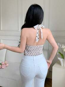 Elegante camiseta de tirantes con cuello halter, volantes y lunares estilo francés - Multicolor - Ver 2