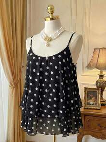 Rometta Camiseta de tirantes finos con espalda cruzada, dobladillo con doble volante y lunares, para mujer de talla grande - Blanco y Negro - Ver 4