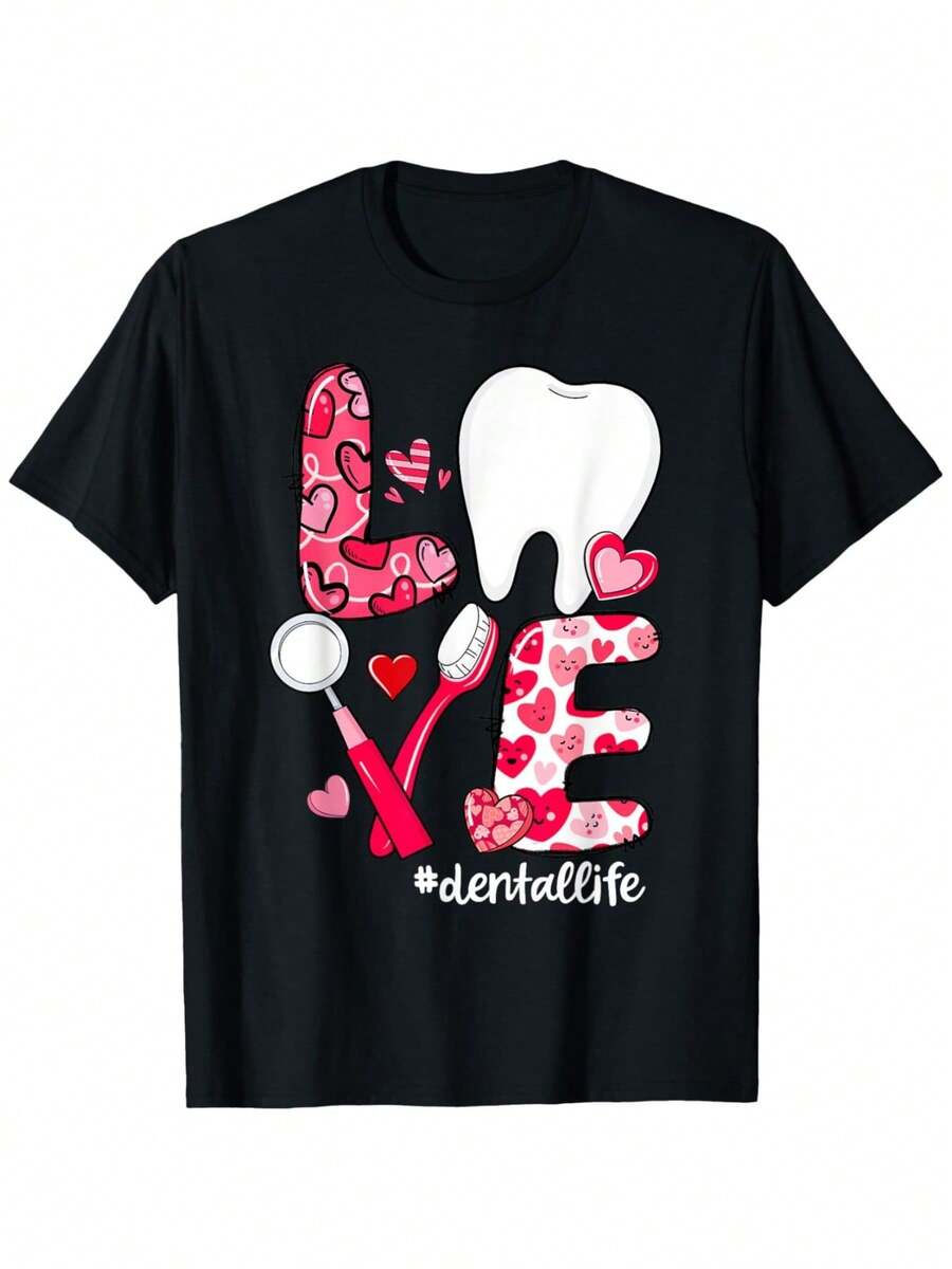 "LOVE" Dental Heart Design T-Shirt For Valentine's Day, Gift For Men And Women, Christmas, New Year, Valentine's Day, Birthday Gift For Mom, Dad, Men, Women, Friends, Unisex, Soft Black Material, 100% Cotton. - 黑色 - 查看 1