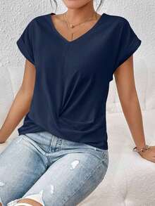 Frenchy Blusa Solida Con Mangas De Plumaje Y Tuerza En La Manga, Ideal Para La Primavera - azul real - Ver 6