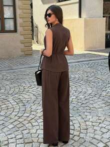 Conjunto de 2 piezas elegante de algodón para mujer con cintura anudada, top sin mangas con cuello en V y volantes, y pantalones anchos de pierna ancha, para uso casual en el trabajo, vacaciones, verano en color marrón - Marrón - Ver 2