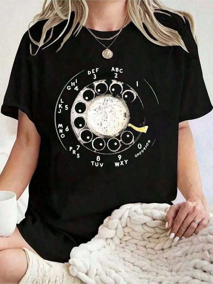 [National Shipping] 1 camiseta negra para hombre con estampado de teléfono rotatorio, camiseta unisex casual de cuello redondo, tela de punto ligera de 180 g/m², lavable a máquina, para primavera/verano/otoño, Día de San Valentín, Día de Acción de Gracias, Año Nuevo.