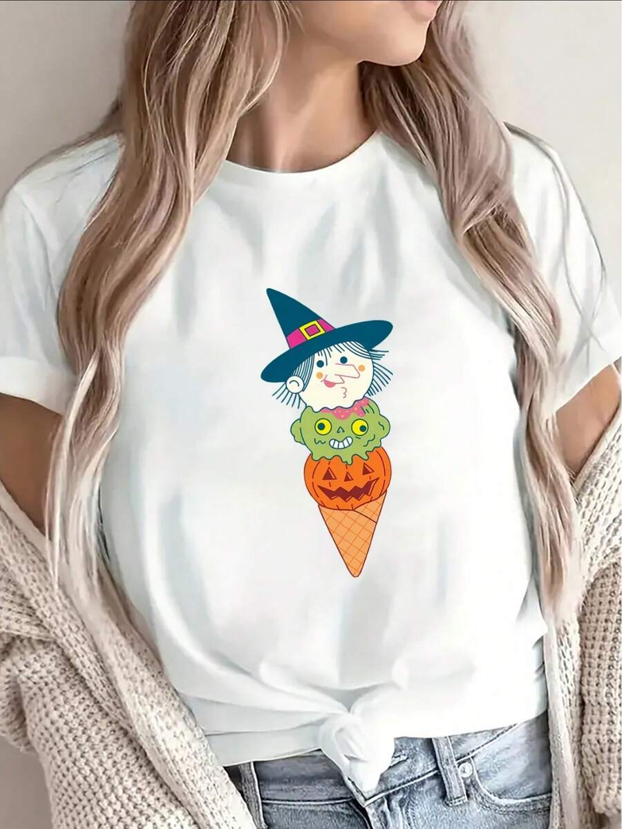 Black Short Sleeve T-Shirt - Ice Cream Witch And Elf Cone Hat Print, Lightweight And Stretchy Polyester Costume For Parties, Casual Halloween Wear, Compatible With Witch Hat Accessory (Adult Sizes) - 白色 - 查看 1