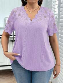 Clasi Camiseta de talla grande de verano de unicolor con contraste de encaje calado y bordado - Púrpura malva - Ver 3