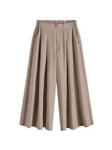 Pantalones/faldas cortas plisadas de cintura elástica, cómodos y sueltos, de estilo básico y versátil, para uso diario, que estilizan la figura, en color albaricoque, para mujeres de talla grande, para primavera/verano - Caqui 3 - Ver 10