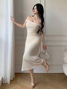 YHHCelisse Vestido elegante ajustado con hombros descubiertos y drapeado de unicolorYHH - Rosa - Ver 11
