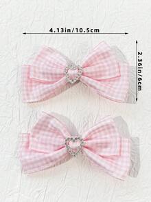2pcs Women's Plaid Heart & Bow Design Hair Clips,Hair Claws,Bobby Pin - Pink and White Plaid - View 4