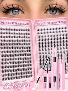 MEM 392pcs Cluster False Eyelashes, Thick Curly Eyelash Extension Kit, D-Curl, 8-16mm Mixed Length, DIY Eyelash Extension Set, DIY Lower Lash Extension Tutorial, Fluffy Soft Individual Lashes, Create Voluminous Natural Y2K Butterfly Makeup Effect, Easy DIY At Home With Long-Lasting Eyelash Glue - Black - View 5