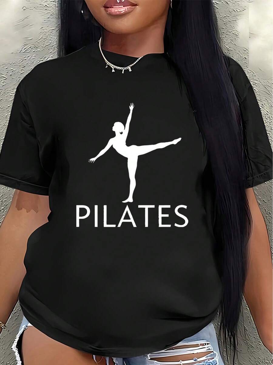 Camiseta de manga corta de poliéster, diseñada con estilo Pilates, ligera y duradera, adecuada para gimnasios, estudios de yoga o entrenamientos en casa, con un ajuste cómodo para el uso diario.women's shirts - Negro - Ver 1