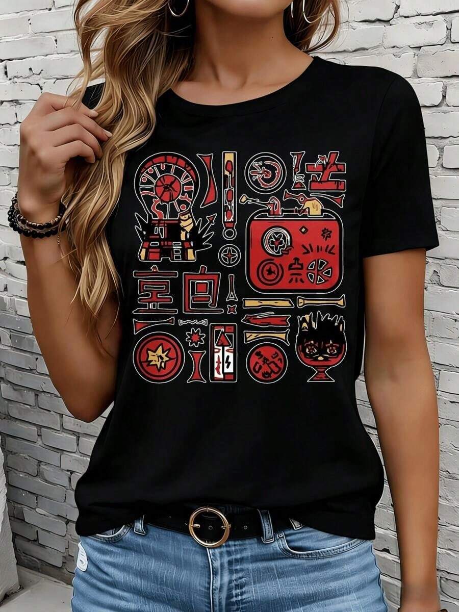 Camiseta de manga corta GraphicLadies para ocio, actividades al aire libre y hogar, 220g, inspirada en anime, con diseño gráfico rojo y negro que presenta símbolos y personajes japoneses, para mujeres, ropa casual, ocio, actividades al aire libre, vacaciones, fiestas, regalo. - Negro - Ver 1