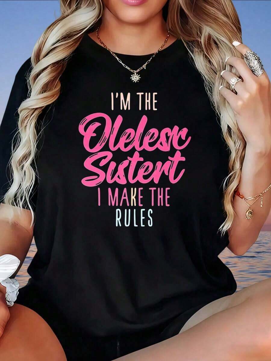 GraphicI M The Big Sister I Break The Rules Casual T-Shirt For Women, Funny Gift For Sisters, Summer T-Shirt For Girls, Women's T-Shirt - 黑色 - 查看 1