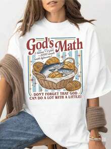 1 pieza de camiseta vintage de los 90s Y2K para mujer - Camiseta de manga corta con cuello redondo 100% suave con estampado "God's Math" para amantes cristianos, camiseta basada en la fe "Pan y Peces", "Dios puede hacer mucho con poco", ropa religiosa, camiseta casual de manga corta con cuello redondo para primavera y verano, ropa de mujer - Ajuste cómodo para todas las estaciones, tallas S-2XL, 180g, 100% algodón, todos los diseños están impresos. Unisexo. - Estilo-1 - Ver 12
