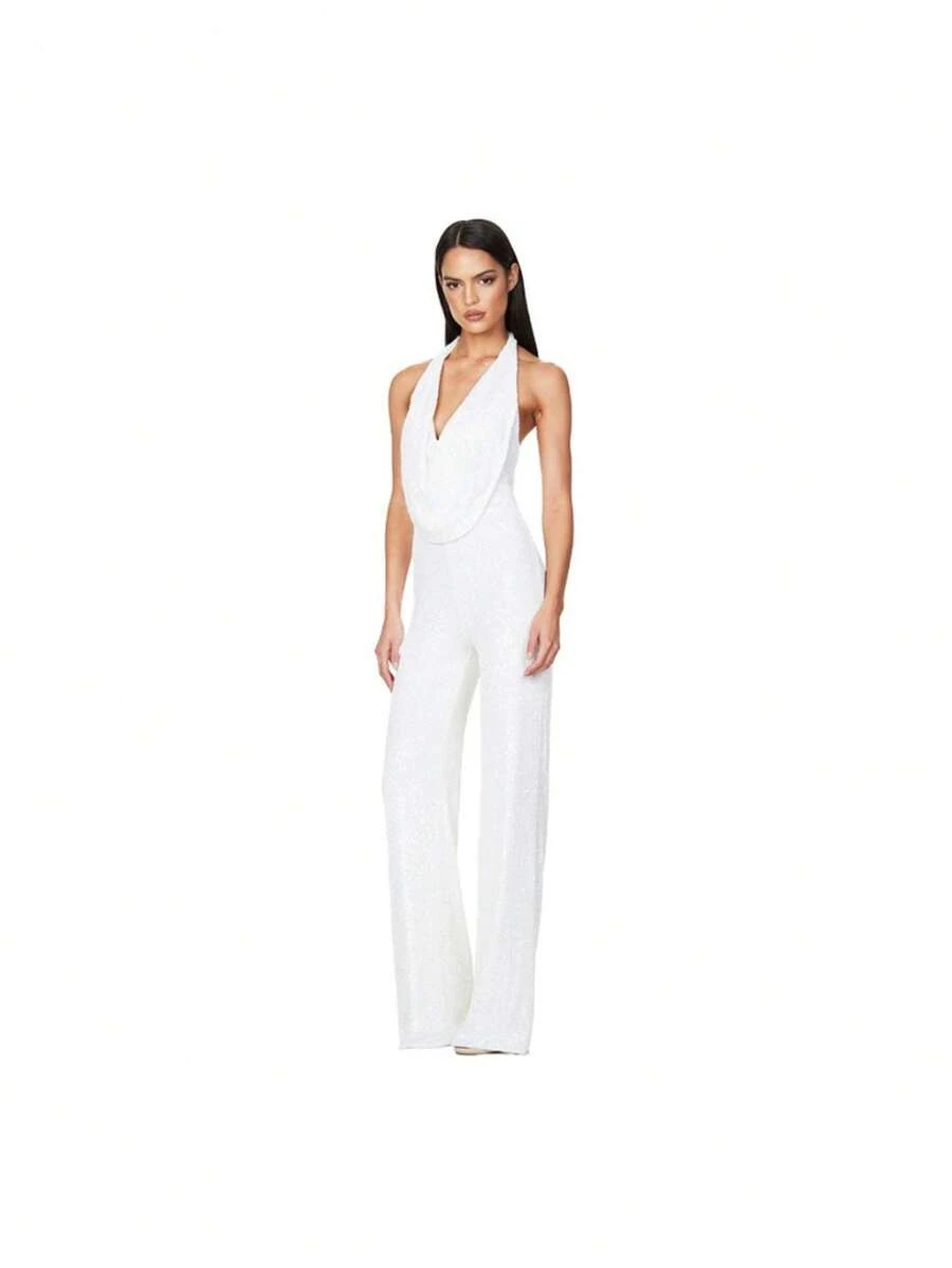 Monochromatic Gold Sequined Dress, Deep V-Neck Halter Neckline, Sleeveless Wide-Leg Design, Stretchy Shimmering Fabric Ideal For Evening Parties, Festive Events And Winter, Glamorous Sexy Style Perfect For Elegant Dinners And Celebrations - 白色 - 查看 1
