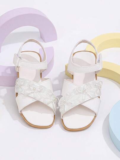 1 đôi sandal mùa hè cho bé gái, mũi vuông, chất liệu lưới ren đính sequin, ruy băng ngọc trai và nơ trắng, sandal quai chéo casual cho trẻ em, thích hợp để phối đồ, dự tiệc, đi chơi và vui chơi.