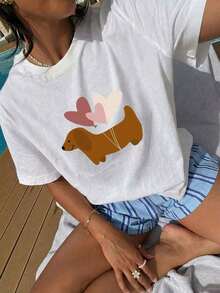 Diseño simple y versátil. Camiseta de manga corta estampada para mujer, estilo veraniego, corte regular, pieza única. Camiseta de algodón puro - Blanco - Ver 3