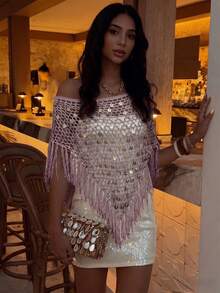 Summer Beach Cover-Up, Casual Holiday Solid Color Sequin Loose Hollow Shoulder Tassel Top, Suitable For Beach Party, Music Festival - Mauve Purple - View 3