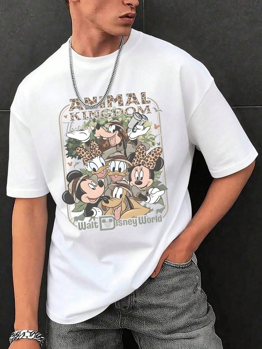 Disney Men's Summer "Animal Kingdom" Mickey & Friends Safari Park Streetwear T-Shirt - Vintage Walt Disney World Tee - trắng - Xem 1