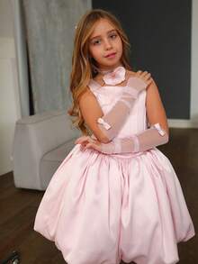 Young Girl Pink Tulle Petal Sleeve Floral Elegant Princess Dress, Suitable For Girls Birthday Party, Banquet, Evening Gala, Wedding Flower Girl, Holiday Celebration, Stage Performance Pageant - Pink - View 3