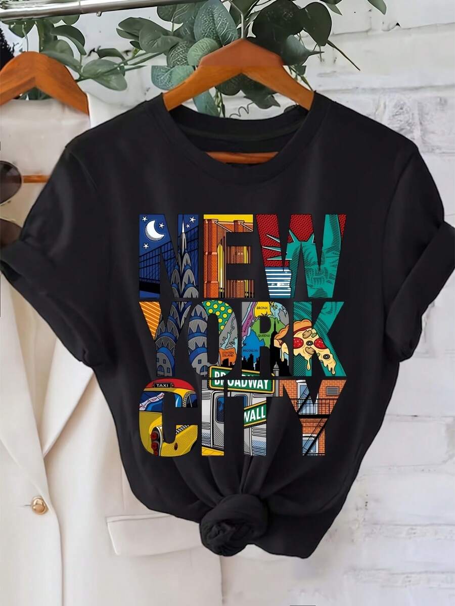 1 New York City Orientation T-Shirt - Casual Short Sleeve Crew Neck T-Shirt With New York City Skyline Design And Geometric Map Pattern, Machine Washable - 180g 100% Cotton Urban Navigation T-Shirt. - 黑色 - 查看 1