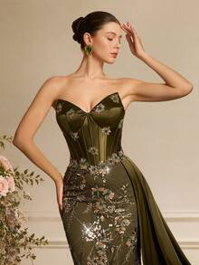VIPGIRL Elegante y glamoroso vestido de noche largo sin tirantes para mujer con detalles de lentejuelas y malla en contraste para fiesta de boda - Verde Oscuro - Ver 9