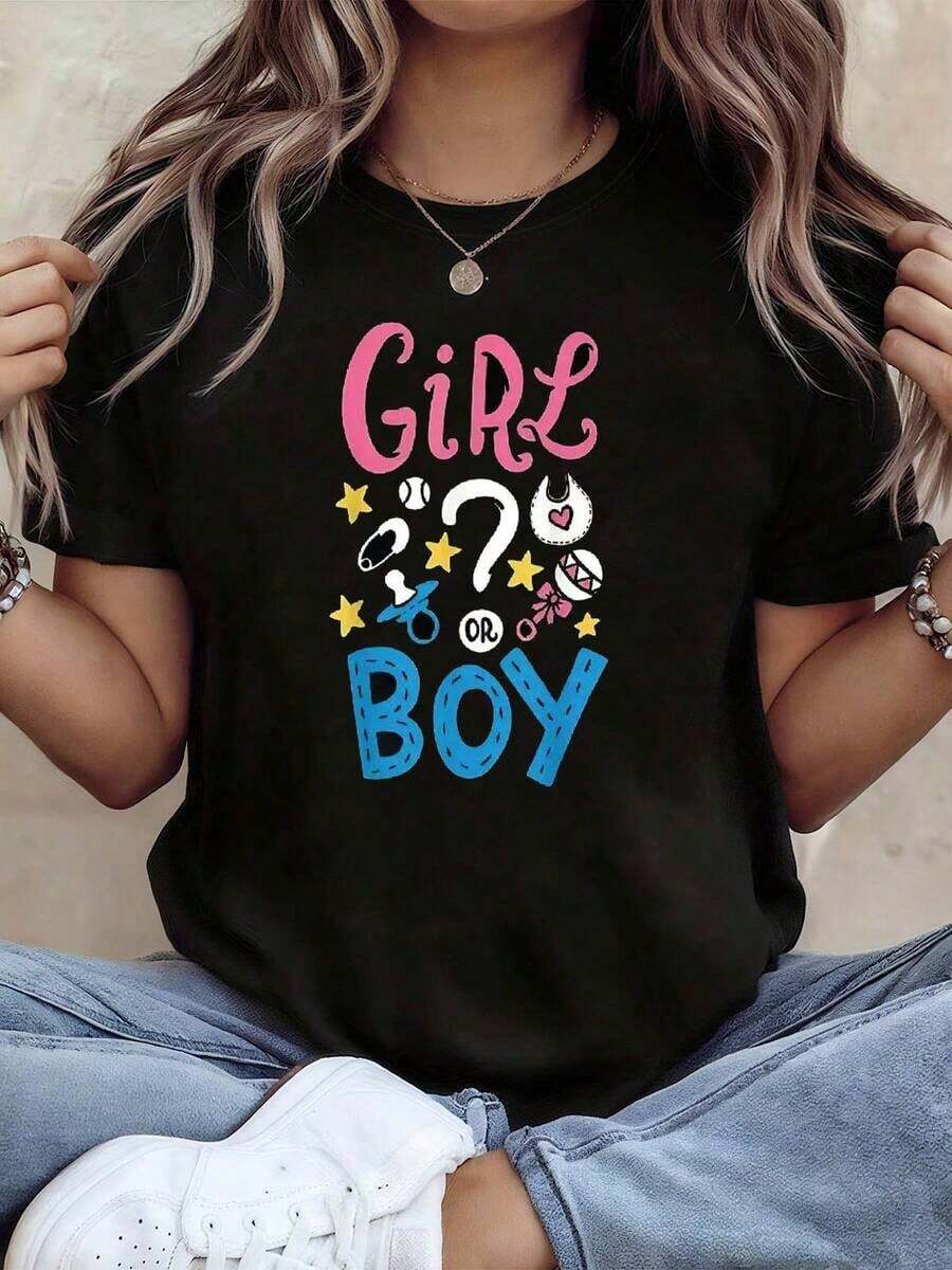 Soft, Breathable, And Lightweight For All-Day Comfort" OR "Women's Gender Reveal Party Print T-Shirt, Ideal For Casual Outings, Fun And With A Family Touch, Short Sleeves. Classic Crew Neck With A Relaxed Fit That Flatters All Body Shapes And Is Easy To Pair With Jeans, Shorts, And Leggings. - 黑色 - 查看 1
