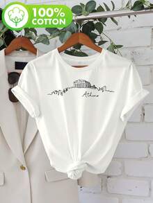 Minimalist Women's T-Shirt With Athens, Greece Logo Design - White With Black Line Art And Green Lettering, Casual Short-Sleeve Crew Neck Top, Comfortable Fit Suitable For All Seasons, Ideal For Travel And Casual Wear, Greek Architectural Design (Acropolis, Parthenon) - Breathable - 白色 - 查看 1