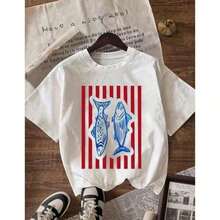 1 camiseta minimalista para mujer con estampado de pez azul, estilo infantil, 100% algodón, 180g - Blanco - Ver 2