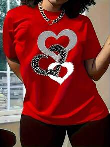 New Women's Casual Summer/Spring T-Shirt, Short Sleeve, Simple And Elegant With Heart Ring Print, Versatile For Daily Wear, Round Neck, Urban Vintage Style, Unisex, Loose Fit, Cotton. - 紅色 - 查看 6