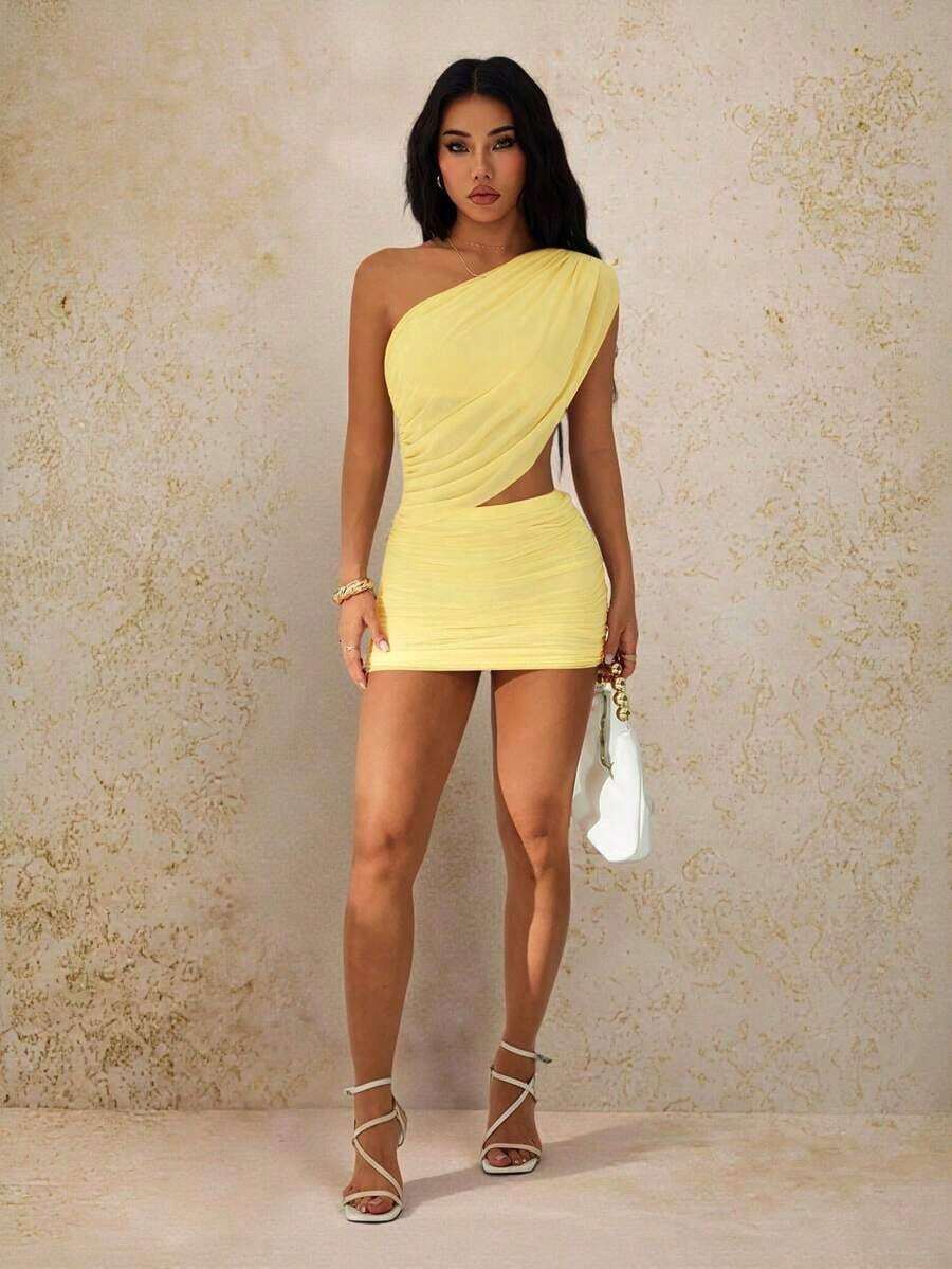 PETITE Women Mini Solid Color Asymmetrical Neck Dress, Fashionable For Summer,Party Dress - Light Yellow - View 1