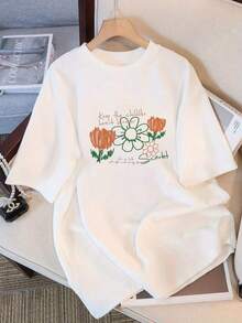 Round Neck Top. Women's Short-Sleeved T-Shirt With Floral Letter Print, Y2K Style, New Summer Fashion, Versatile, Loose Fit, Y2K Round Neck Top. Comfortable And Loose. - 白色 - 查看 1