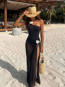 Black Elegant And Sexy 3D Floral Decor Halter Tie Women's Two Pieces One-Piece Swimsuit Dress Set,Summer Leisure Beach Vacation Party Fashion Swimwear - Black - View 1
