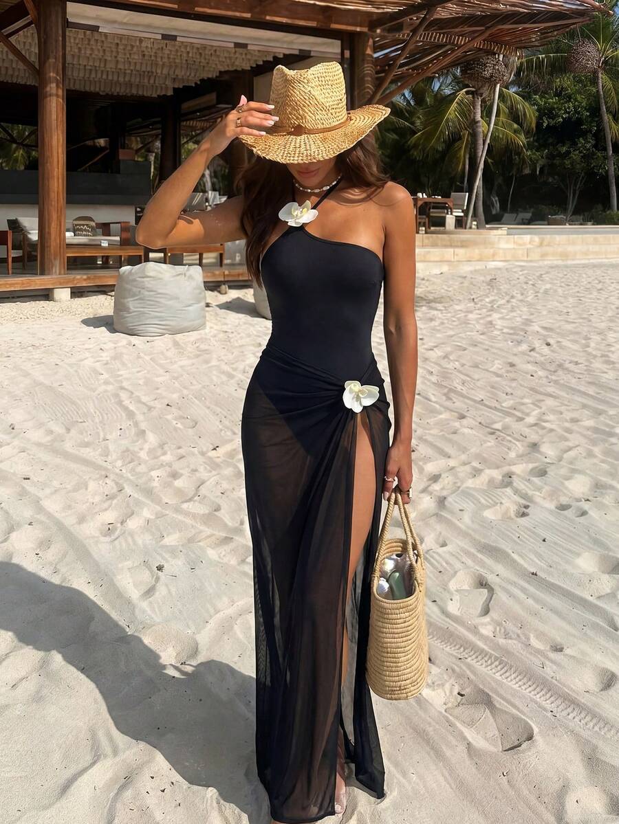 Black Elegant And Sexy 3D Floral Decor Halter Tie Women's Two Pieces One-Piece Swimsuit Dress Set,Summer Leisure Beach Vacation Party Fashion Swimwear - Black - View 1