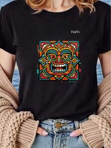 Limited Time Offer, Limited Quantity Available, Flash , Women's Shirts, Women's T-Shirts. Women's Oversized White T-Shirt, Short Sleeve, Round Neck,  Mask Print, Mexican Culture, Casual Style For Everyday Wear - 黑色 - 查看 1