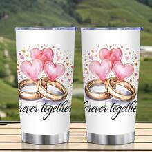 1/5個 20盎司不鏽鋼真空保溫杯，防漏杯蓋，Forever Together婚戒與愛心圖案，適用於汽車杯架，清新婚禮杯，適合婚禮伴手禮、情侶禮物、日常通勤、戶外旅行 - 婚禮2 - 查看 1