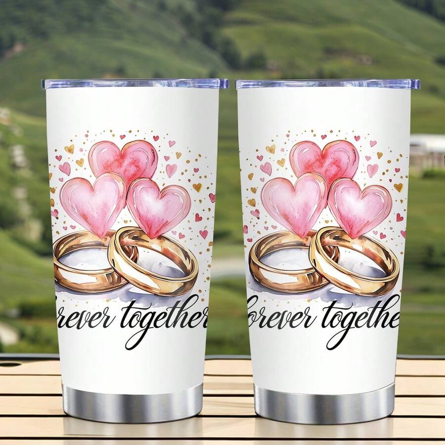 1/5個 20盎司不鏽鋼真空保溫杯，防漏杯蓋，Forever Together婚戒與愛心圖案，適用於汽車杯架，清新婚禮杯，適合婚禮伴手禮、情侶禮物、日常通勤、戶外旅行 - 婚禮2 - 查看 1