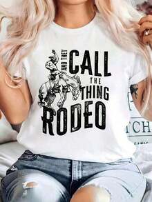 Women's Clothing Women's Rodeo Print Short Sleeve T-Shirt, Comfortable, Breathable, Slim Fit Graphic Design, Western T-Shirts, Graphic Tees, Summer T-Shirts, Casual T-Shirts, Summer Tops, Summer Sets For Women, Women's Shirts - 白色 - 查看 6