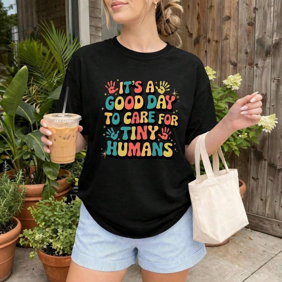 Women's Casual T-Shirt, Graphic Tee With "It's A Good Day To Take Care Of Little Humans" Print – Short Sleeve, Crew Neck, Casual Printed T-Shirt, Lightweight And Comfortable For Everyday Wear, Basic Summer T-Shirt For Women, 100% Cotton, Durable - 黑色 - 查看 1