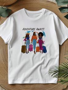 Premium Casual Women's T-Shirt. Adventure Is Calling. Travel Theme. Summer Outfit. Excellent Gift. . - Putih - View 5