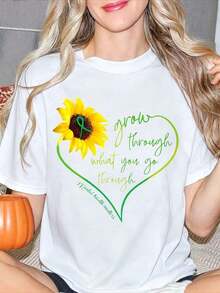 Women's Pure Cotton Short-Sleeved T-Shirt With Round Neck And Sunflower Graphic Print With Green Heart-Shaped Ribbon And The Phrase "Grow Through What You Go Through Mental Health Matters", Suitable For Everyday Wear. - 白色 - 查看 6