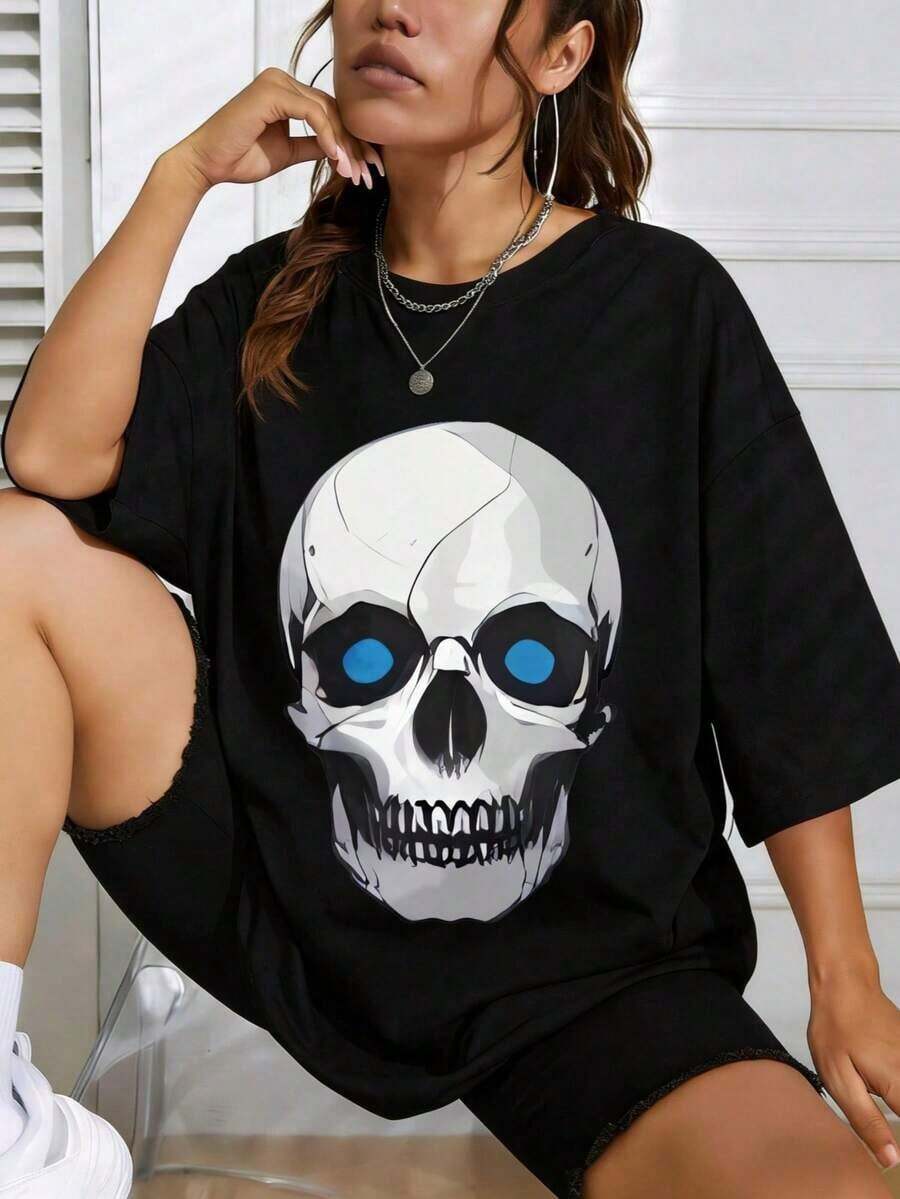 Women's Short Sleeve Cotton T-Shirt With Skull Print - Casual Summer Wear For Everyday Use, Gift For Her, Crew Neck, Printed, Short Sleeve, Casual, For Daily Wear. They Make Great Gifts For Friends And Family. 100% Cotton T-Shirts, Youthful And Fashionable Design. Casual Blouses For Women. - 黑色 - 查看 1