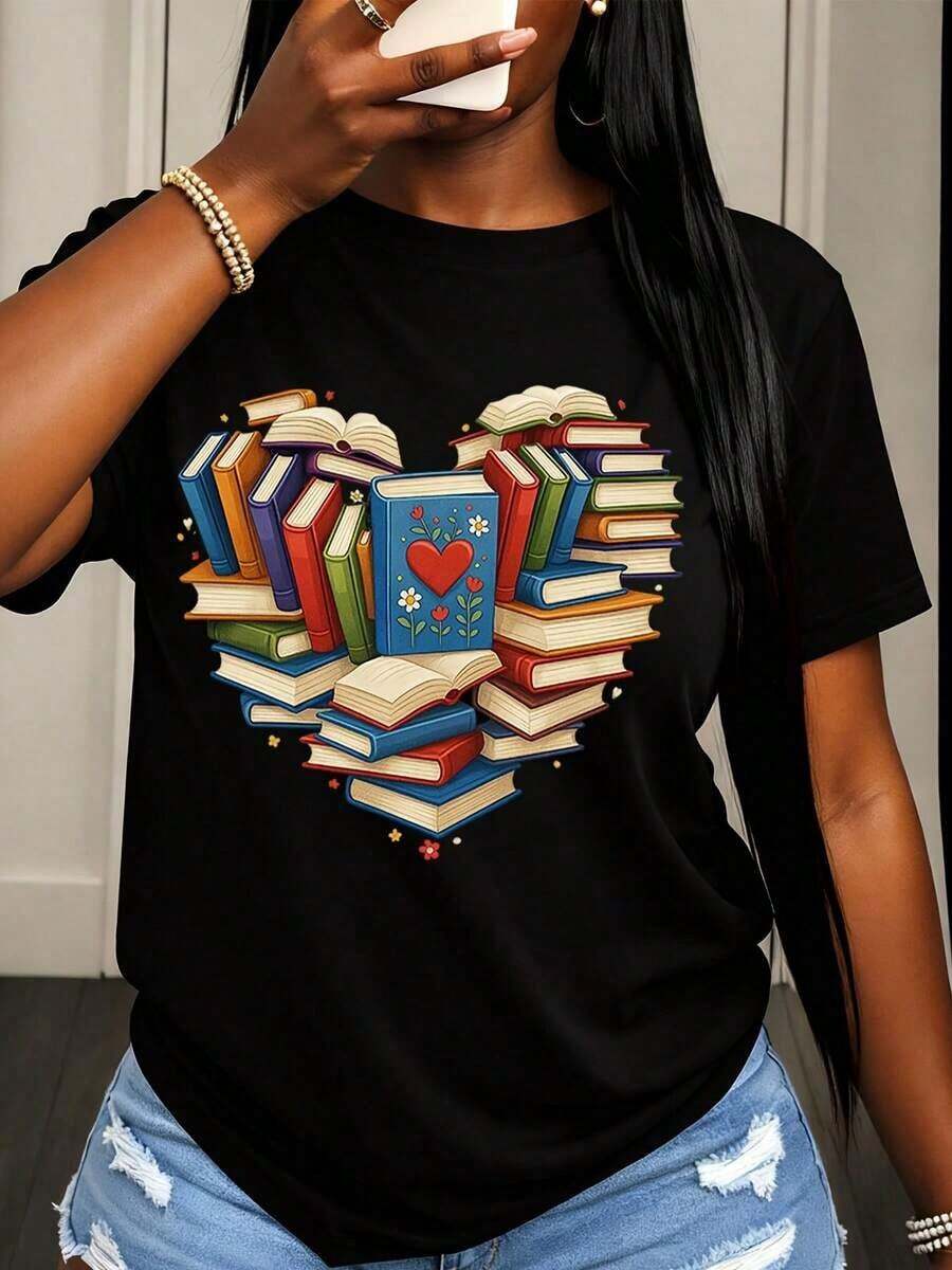 Premium Heart Design T-Shirt For Book Lovers, Gift For Reading Enthusiasts, Gift For Literature Lovers, Educational Theme, Casual Wear For Men And Women, Gift Idea - Hitam - View 1