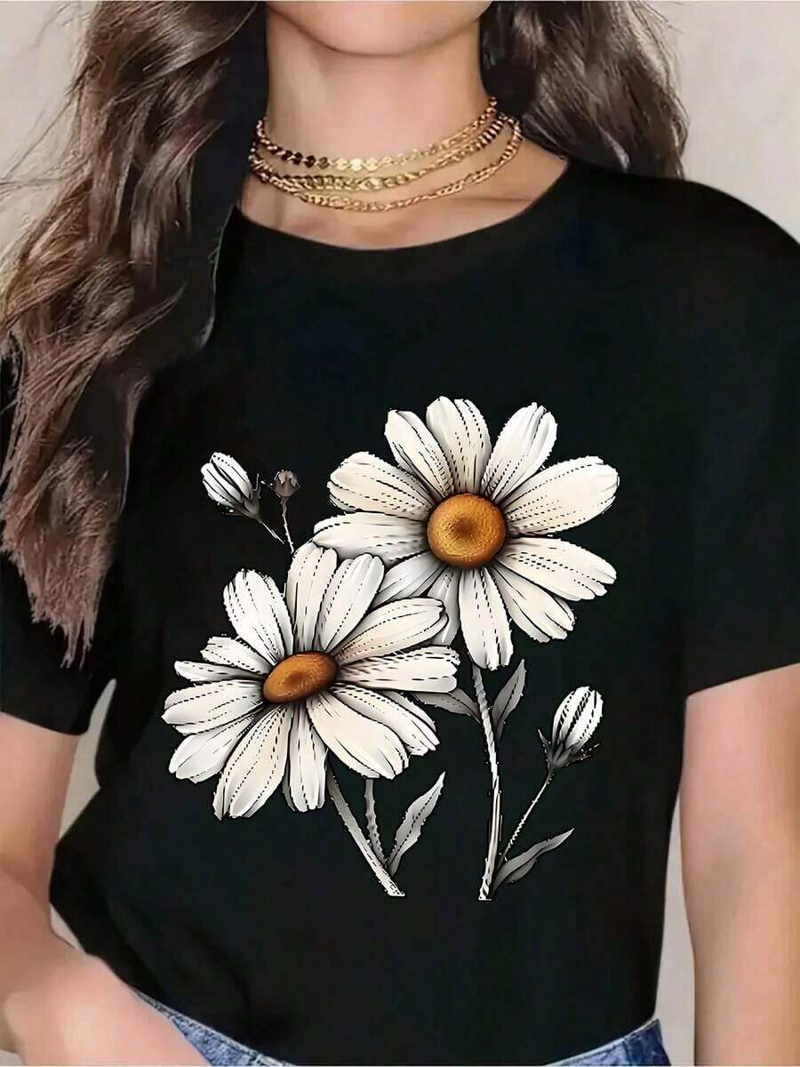 Women's White Casual T-Shirt With Daisy Print - Boho Floral Summer Casual Top, Comfortable Short Sleeve Crew Neck T-Shirt For Everyday Wear, Gift Idea For Mother's Day, Birthday Or Spring, Must-Have - 黑色 - 查看 1